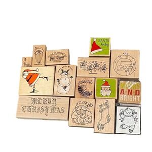 Assorted Wood Rubber Stamps Christmas Lot of 13 Santa Snowman Stocking